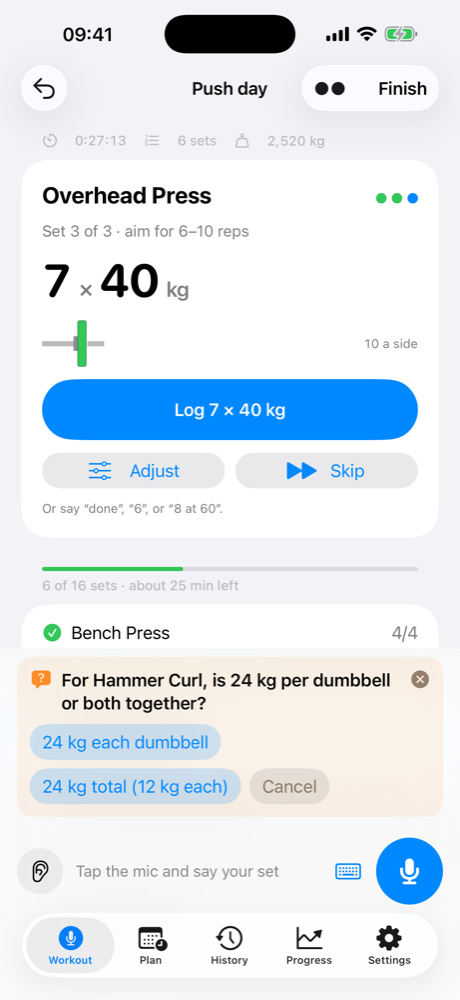 VoiceSpotter asking whether 24 kg is per dumbbell or total for hammer curls