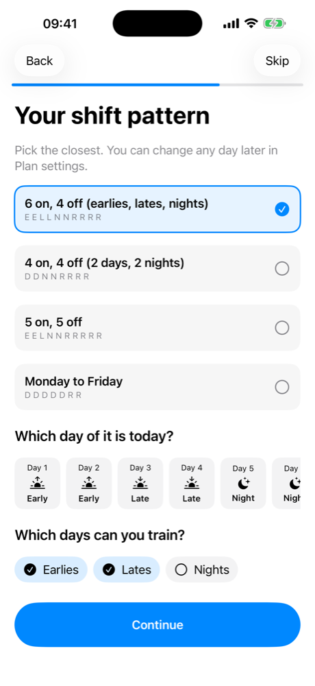 Set-up guide asking for your shift pattern, which day of it today is, and which days you can train