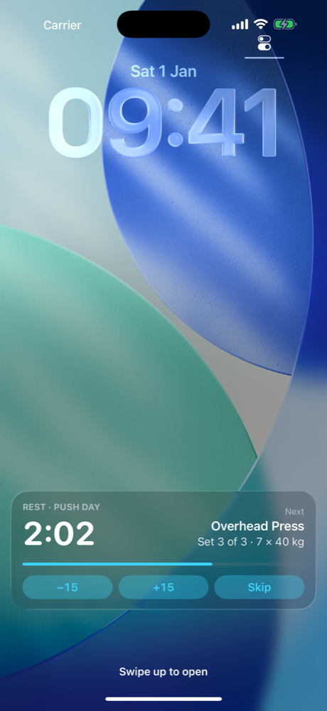 Lock Screen Live Activity showing a rest countdown with −15, +15 and Skip buttons