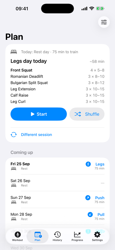 Plan screen showing today’s legs session with Start and Shuffle, and the coming days of the rota