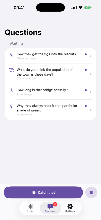 A list of captured questions with relative timestamps