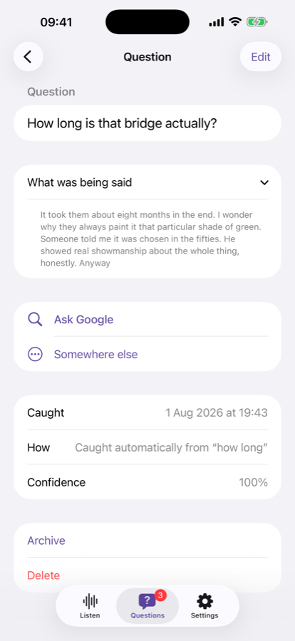 A single question with the surrounding conversation and a button to ask Google