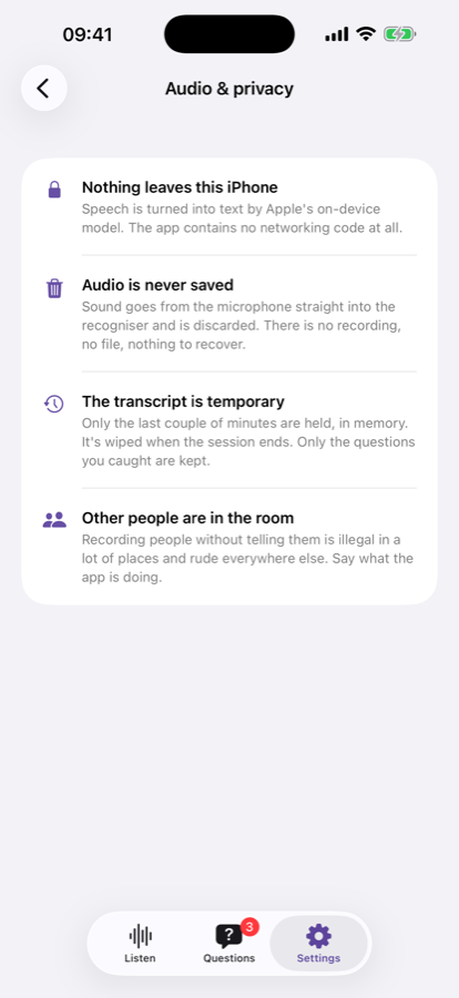 The in-app privacy screen explaining that audio never leaves the phone