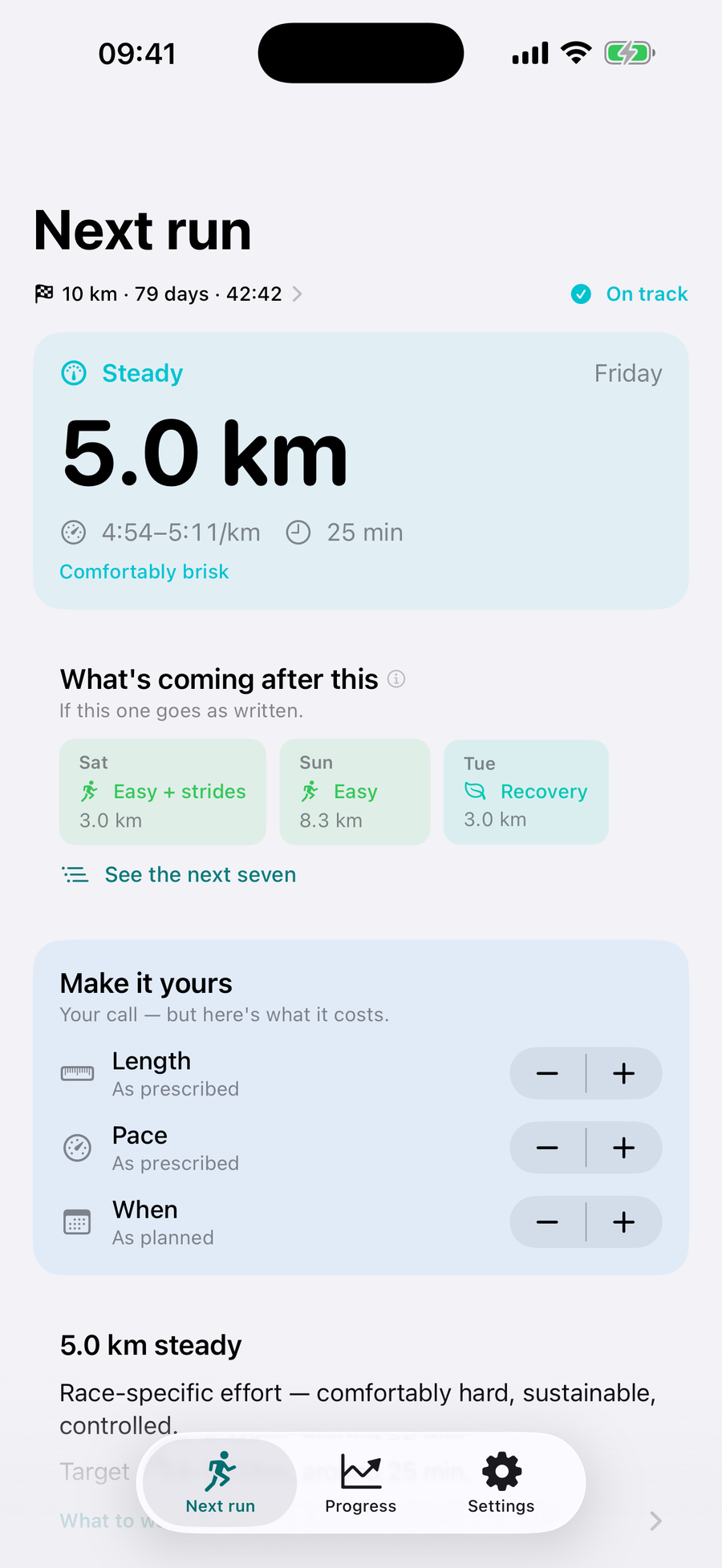 The Next run screen: a 5.0 km steady session with a target pace range, and the sessions coming after it.